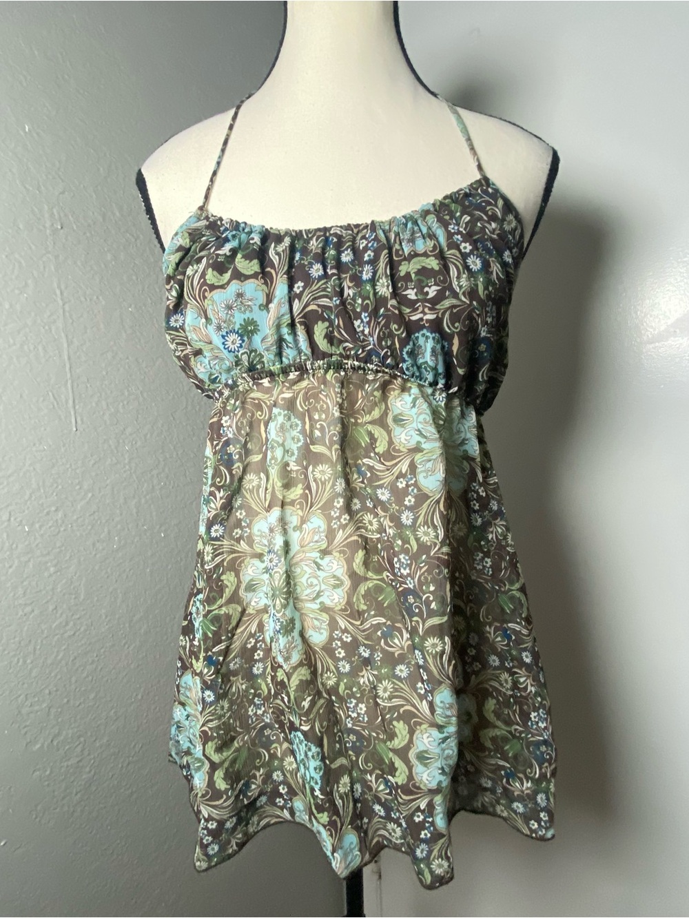 Y2K Brown & Blue Multicolor Floral Fairy Halter Top Size Small